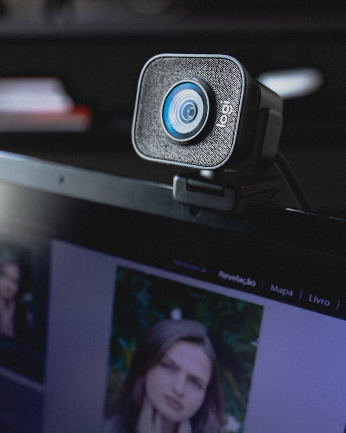 our-story High-quality webcam positioned on laptop, ideal for online meetings and remote work setups.
